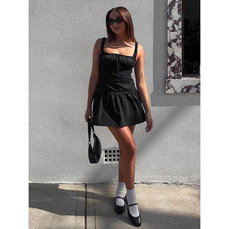 Shemoda Fashion Style Stylish Back Smocking Waist-Tight Silm Sling Dress Women's Summer Versatile Short Skirt