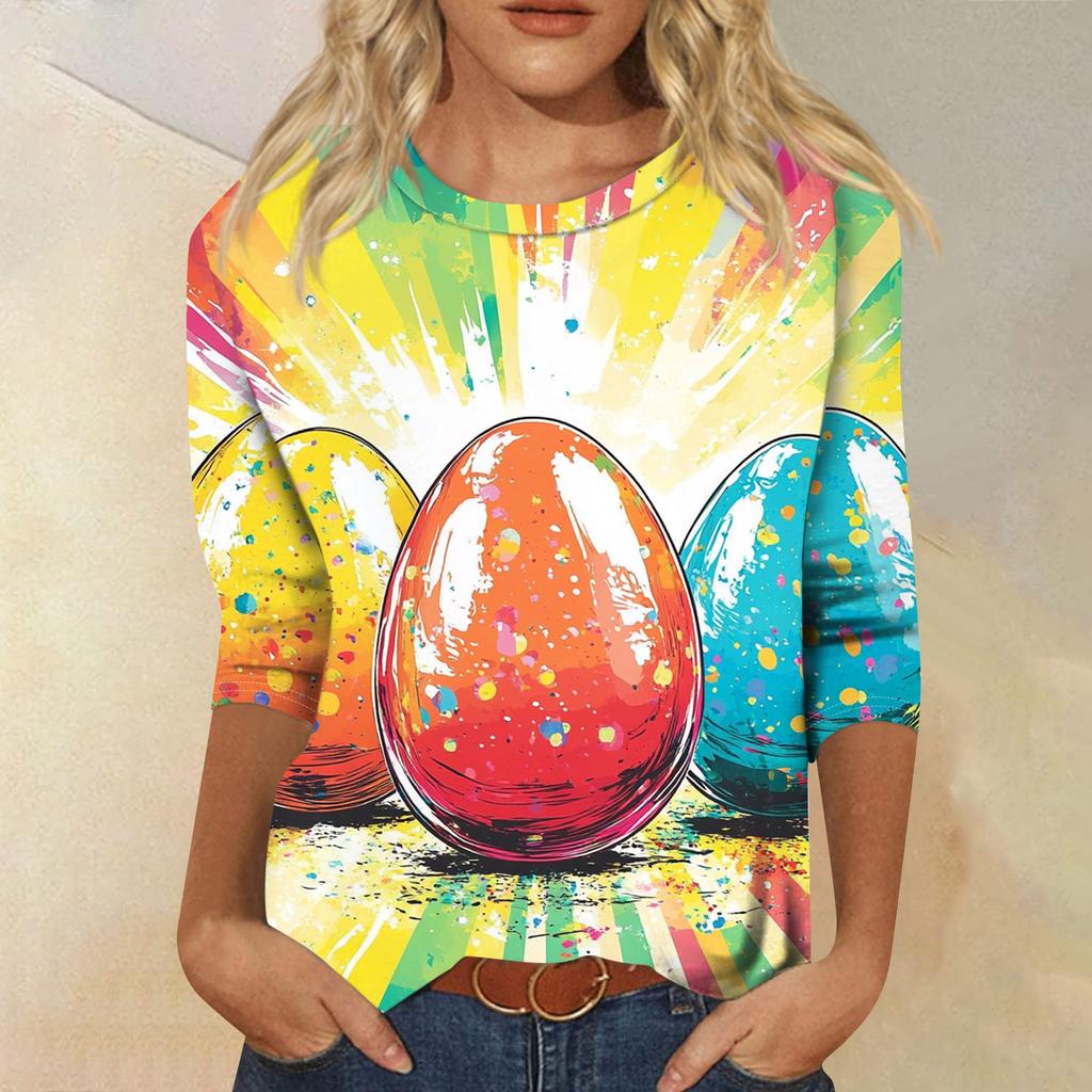 Top Pulóver Casual de Moda para Mujer con Mangas Tres Cuartos y Estampado de Pascua con Cuello Redondo