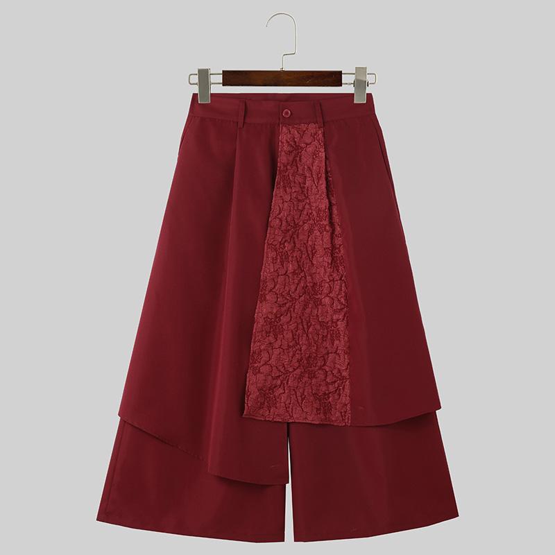 

INCERUN Мужские брюки-кюлоты с застежкой-молнией, двухслойные, со складками, широкие, длинные 3XL красный