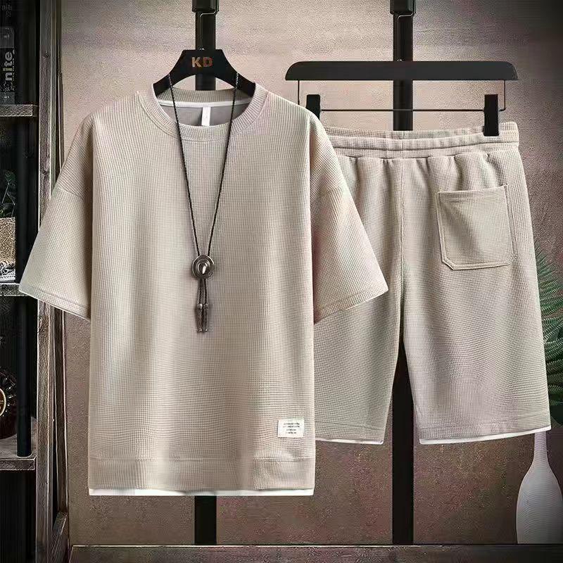 Hong Kong Style Waffle Casual Couple Suit with Loose Five-Point Shorts and Short-Sleeved Two-Piece