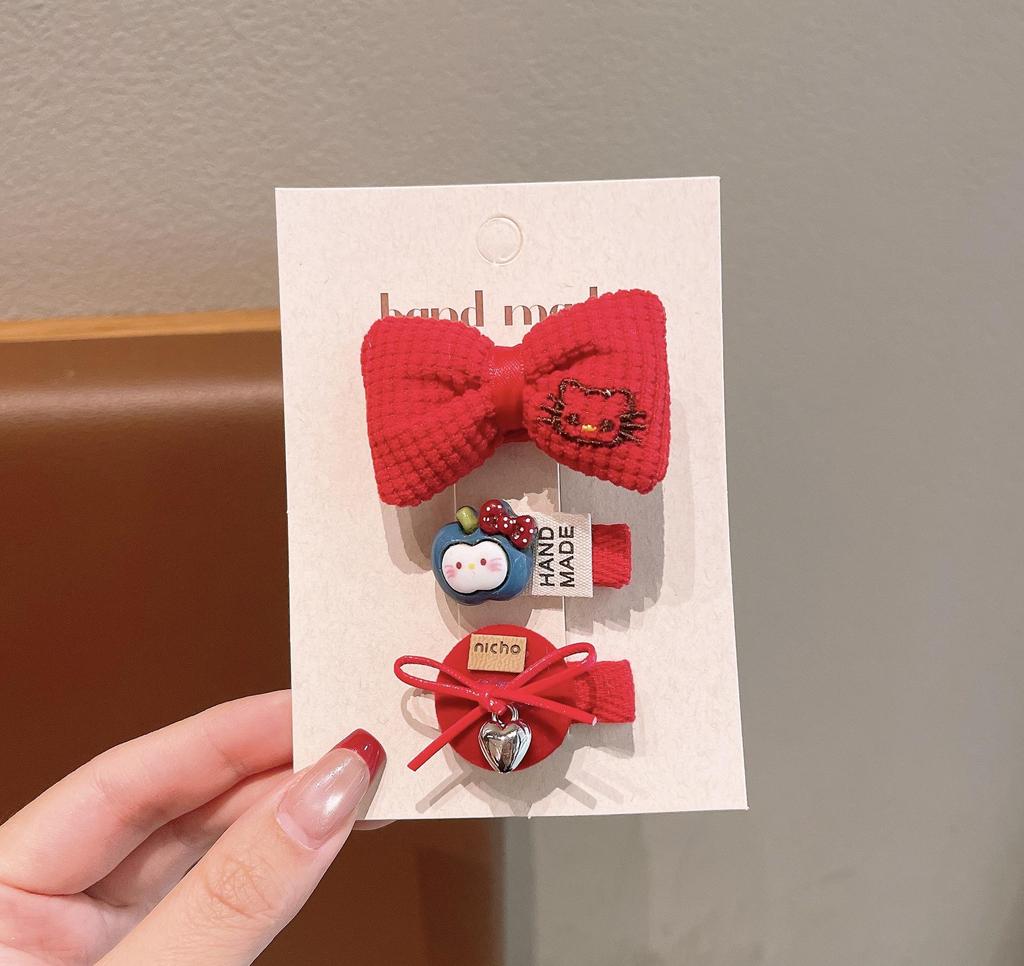 Children's Cartoon Hair Clip Set: Cute Bow and Red Decorative Clips for New Year