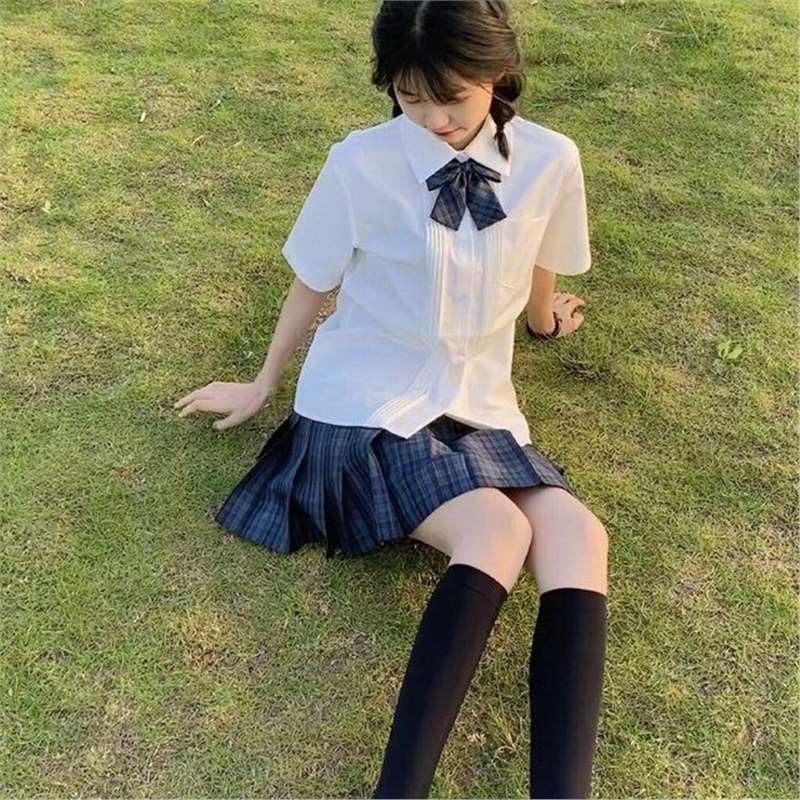 Originales JK Damen Milchweiß Akkordeonfalten Kurzarmhemd - Japanischer Schulstil Sommeruniform