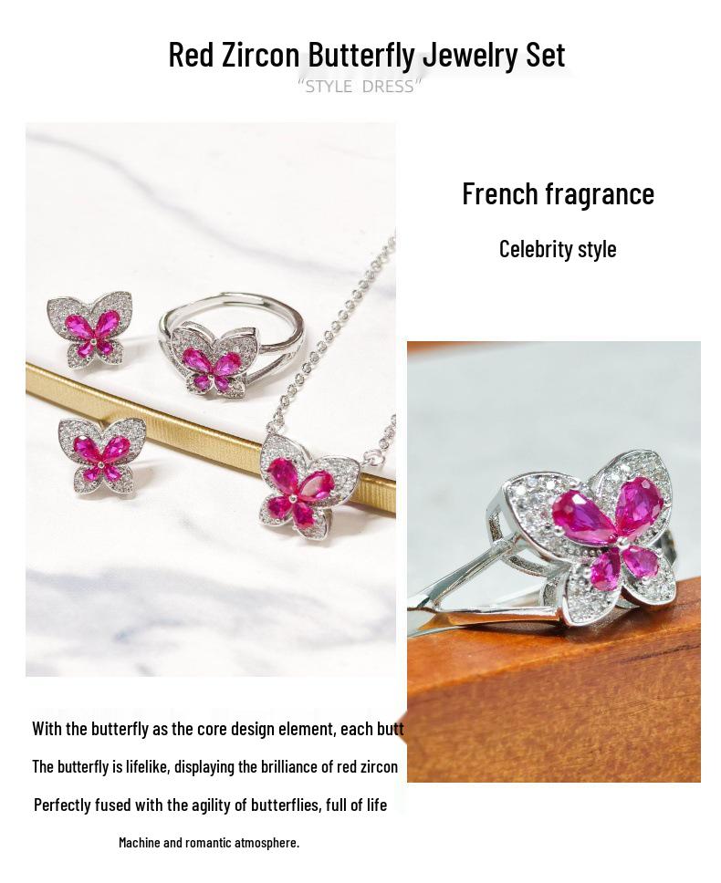 Gusien Exquisite Red Steel Butterfly Jewelry Set: Necklace, Ring & Stud Earrings - Korean Style Women's Fashion.