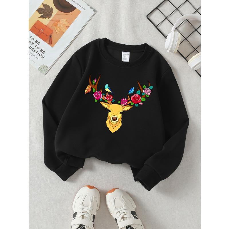 European sizes Girls Soft Crewneck Sweatshirt Deer Head with Roses And Birds Print, Casual for Fall Winter, Ideal Holiday Present.