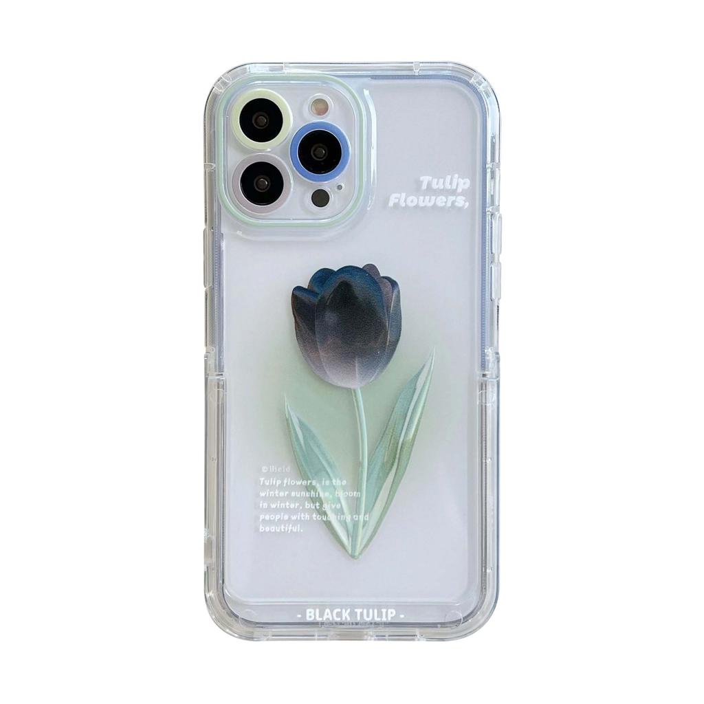 Black Tulips Flower Ins Clear Silicone Soft Phone Case For Iphone 11 12 Pro Max 13 Promax Cartoon Stand Holder Back Cover Capa