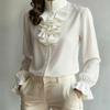 Spring and Autumn New Temperament Commuting Loose Stand-up Collar Solid Color Ruffle Edge Women's Shirt