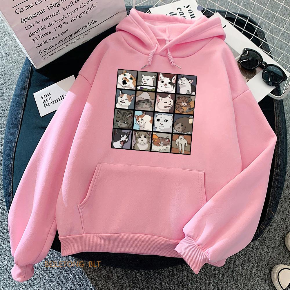 Meme Cats Hoodies Fashion Casual Fleece Long Sleeve Sweatshirts Women/Unisex Kawaii Cute Comfortable Moletom Graphic Print Clothes
