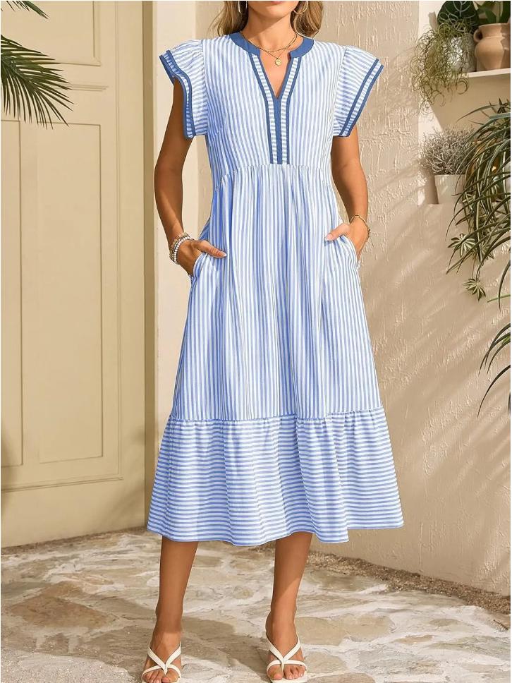 

European & American Women s Striped V-Neck Skirt with Double Ruffle Short Sleeves - 2026 New Fashion Style Large синій