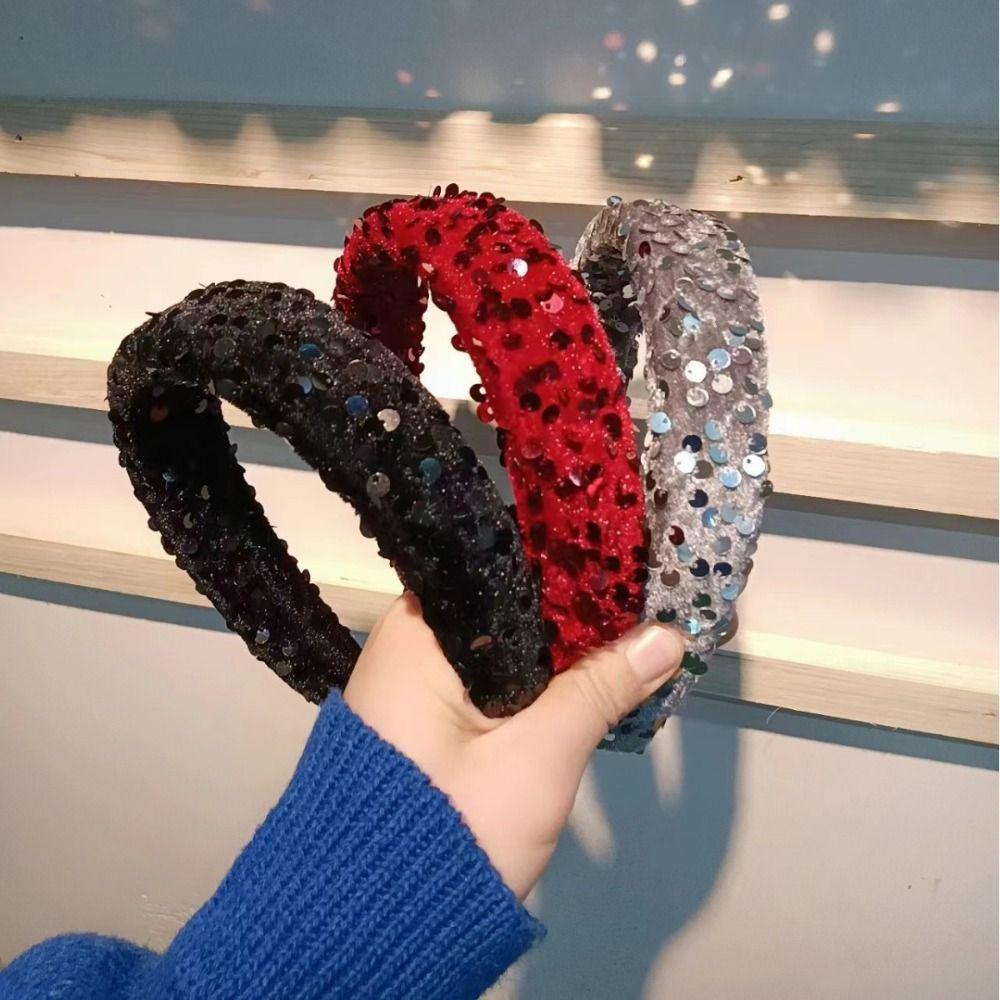 Velvet Sequins Headband Solid Color Sponge Hair Band Exquisite Wide Hairband  Ladies