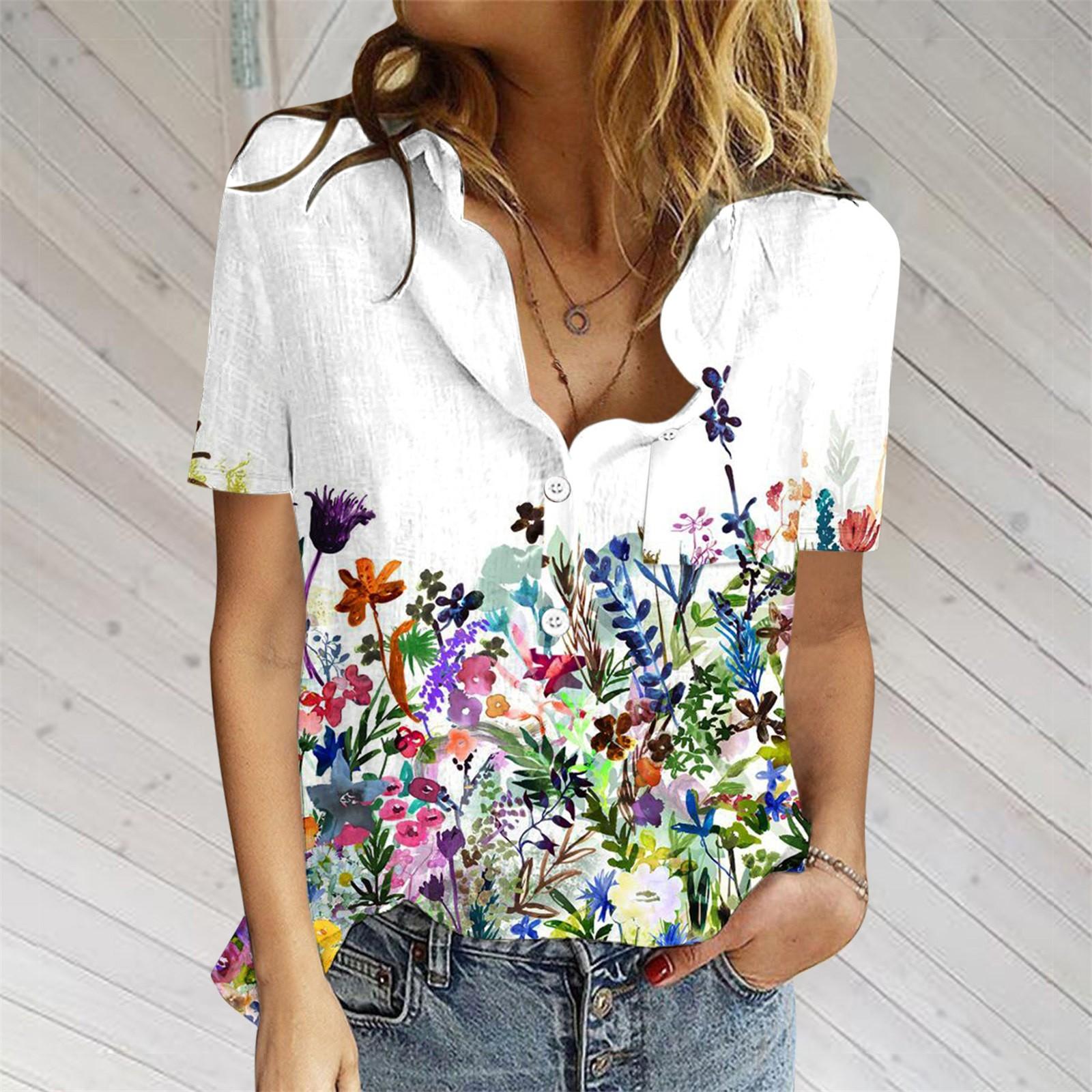 

Летняя футболка с коротким рукавом для женщин, повседневная рубашка на пуговицах с v-образным вырезом, свободный крой, удобные хлопковые льняные блузки с цветочным принтом, рубашки L