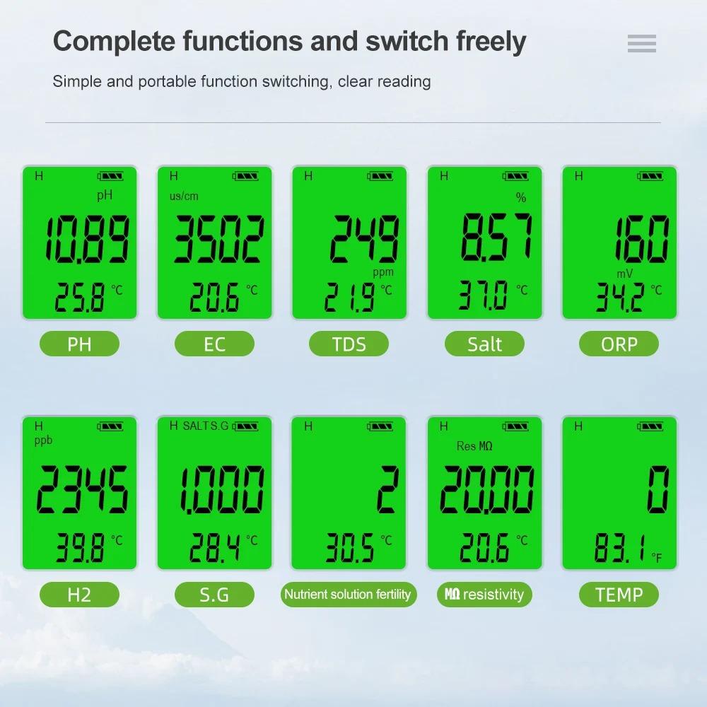10 In 1 Digital PH Meter Water Quality Tester PH/Cl₂/TDS/EC/Hardness Hydrogen-rich Detector for Drinking Water Aquariums Pools