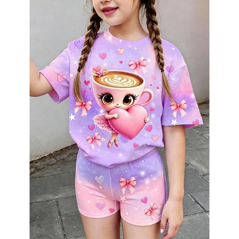 Conjunto de 2 piezas para niños de verano, casual, deportivo, tendencia, estampado de patrón 3D, camiseta de cuello redondo y conjunto de pantalones cortos