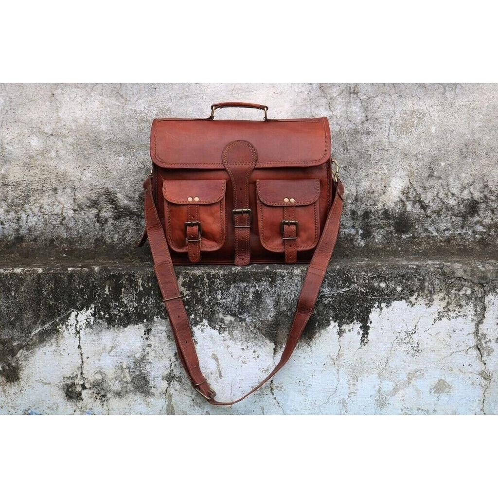 Briefcase Genuine Brown Leather Bag Men's Messenger Shoulder Laptop Bag