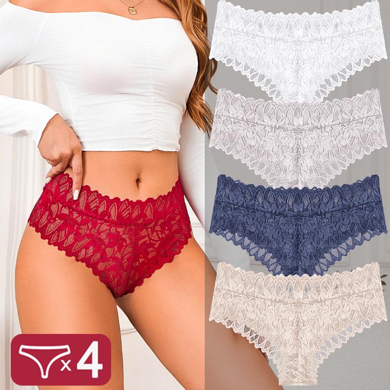 4PCS Women Floral Lace Panties Sexy Perspective G-String High Waist Solid Color Underpants Female Breathable Intimates Lingerie