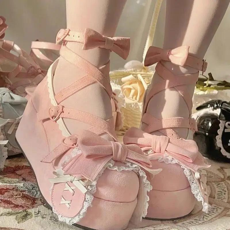 Lovely Girls Lolita Cute Bowknot Platform Shoes Sweet Rabbit Ears Monk Straps Flat Elevator Shoes Mary Janes