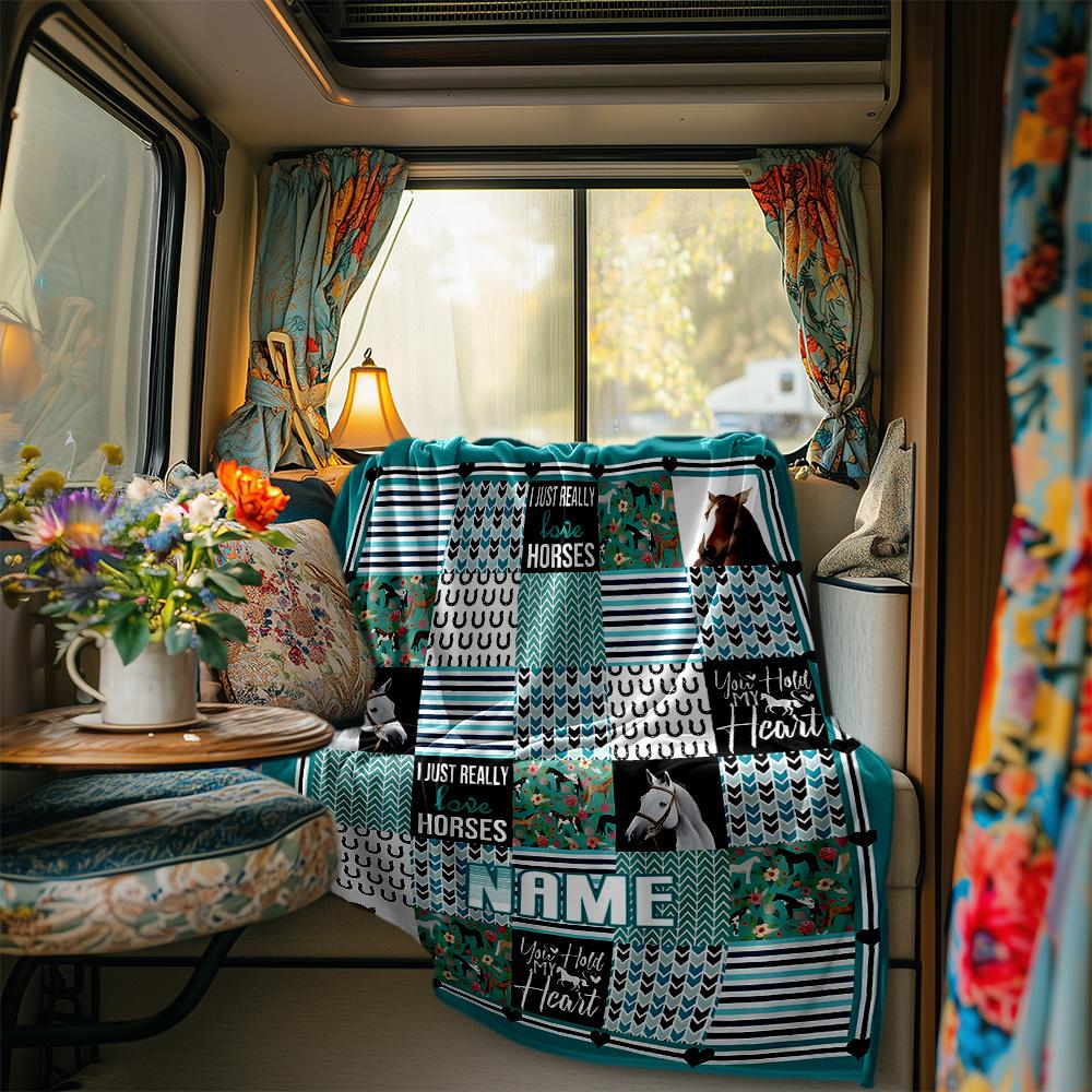 Horse Lover Quilt Design With Floral And Striped Patterns Blanketcustomizable With Your Namecomfortable And Stylish Perfect For Travel Beds Chairs