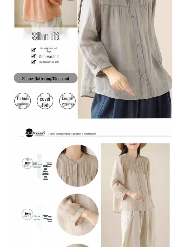 Summer Cotton Linen Casual Women's Blouse - Lightweight, Loose, and Slimming Seven-Sleeve Sunscreen Top