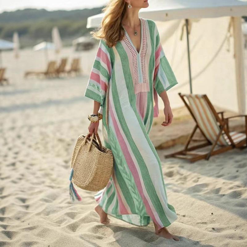 2025 New Women's Casual Long-sleeved V-neck Printed Women's Dress Elegant and Versatile Loose Dress