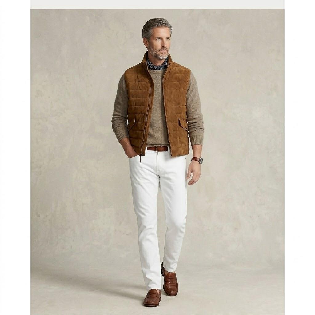 Gilet Piumino da Uomo in Scamosciato Vestibilità Biker Giacca Gilet Biker Fatto a Mano Pelle di Agnello Marrone