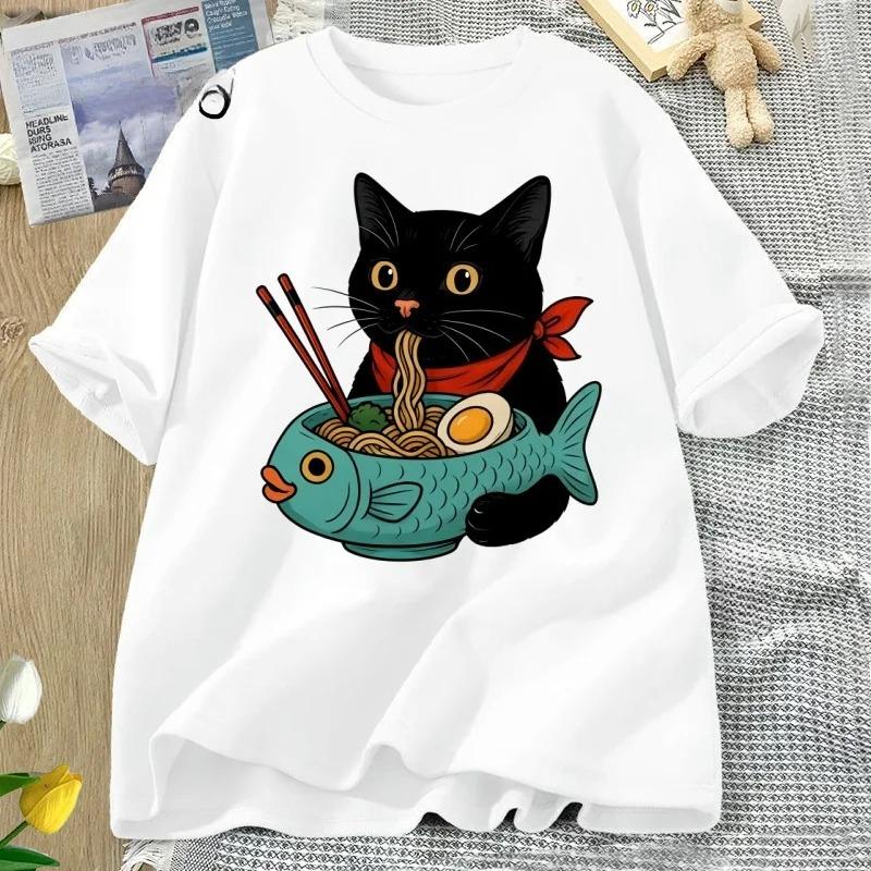 Cat Lover T Shirt Women Funny RaUnisex Cat TShirt Noodle Kawaii Japanese Food Cats Tee Casual Short Sleeve Round Neck Clothing Y2K S