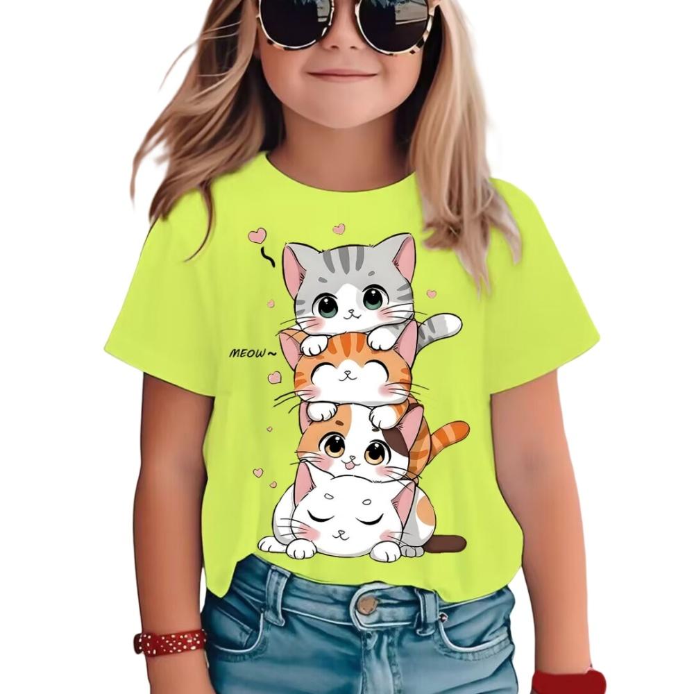 2025 New Girl's T-shirt Fashion Dolphin Children's Clothing Summer Girl's Clothing Cartoon Top Cute Cat Printed T-shirt Children's Clothing