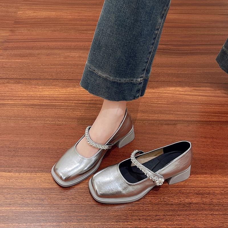Fashion Square Heel Single Shoes Women's Autumn New Square Toe Shallow Mouth Crystal Strip Non-slip Block Heel Shoes