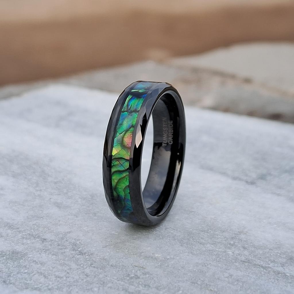 6mm Black Tungsten Ring Green Abalone Shell Inlay Couple Ring. Elegant, Stylish, and Durable Design for Engagements, Weddings Everyday Wear.