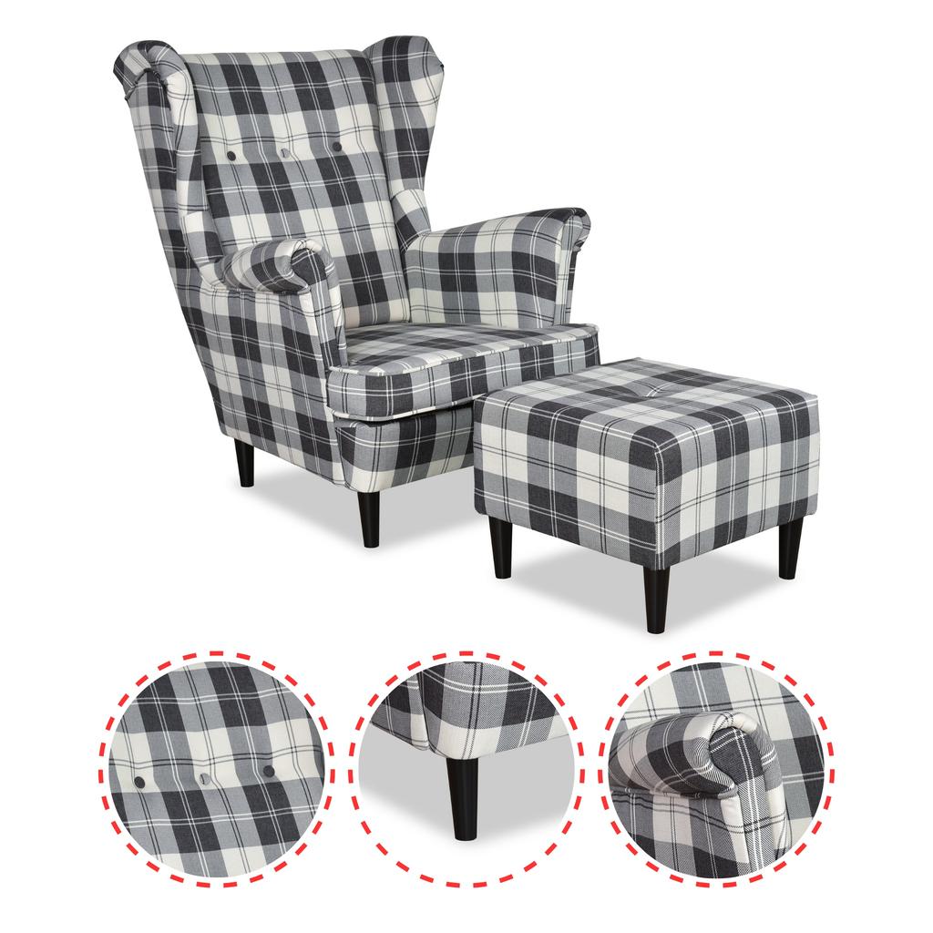 Fotel uszak Winston z podnóżkiem pufą Family Meble krata granatowo - biała