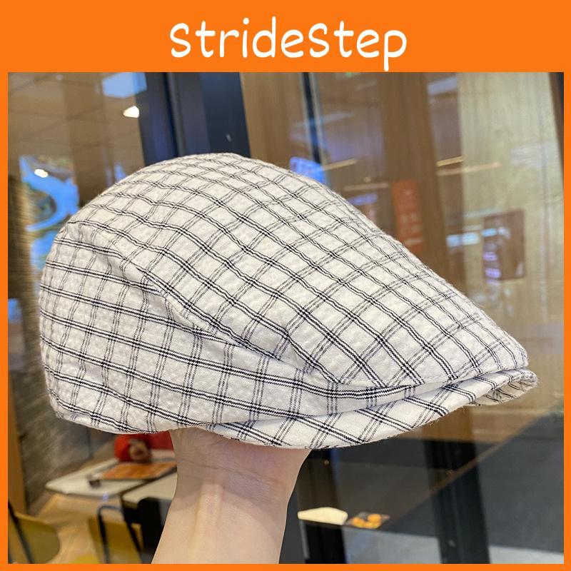 Womens Summer Retro Plaid Grid Beret Cap With Short Brim For Street Art Style