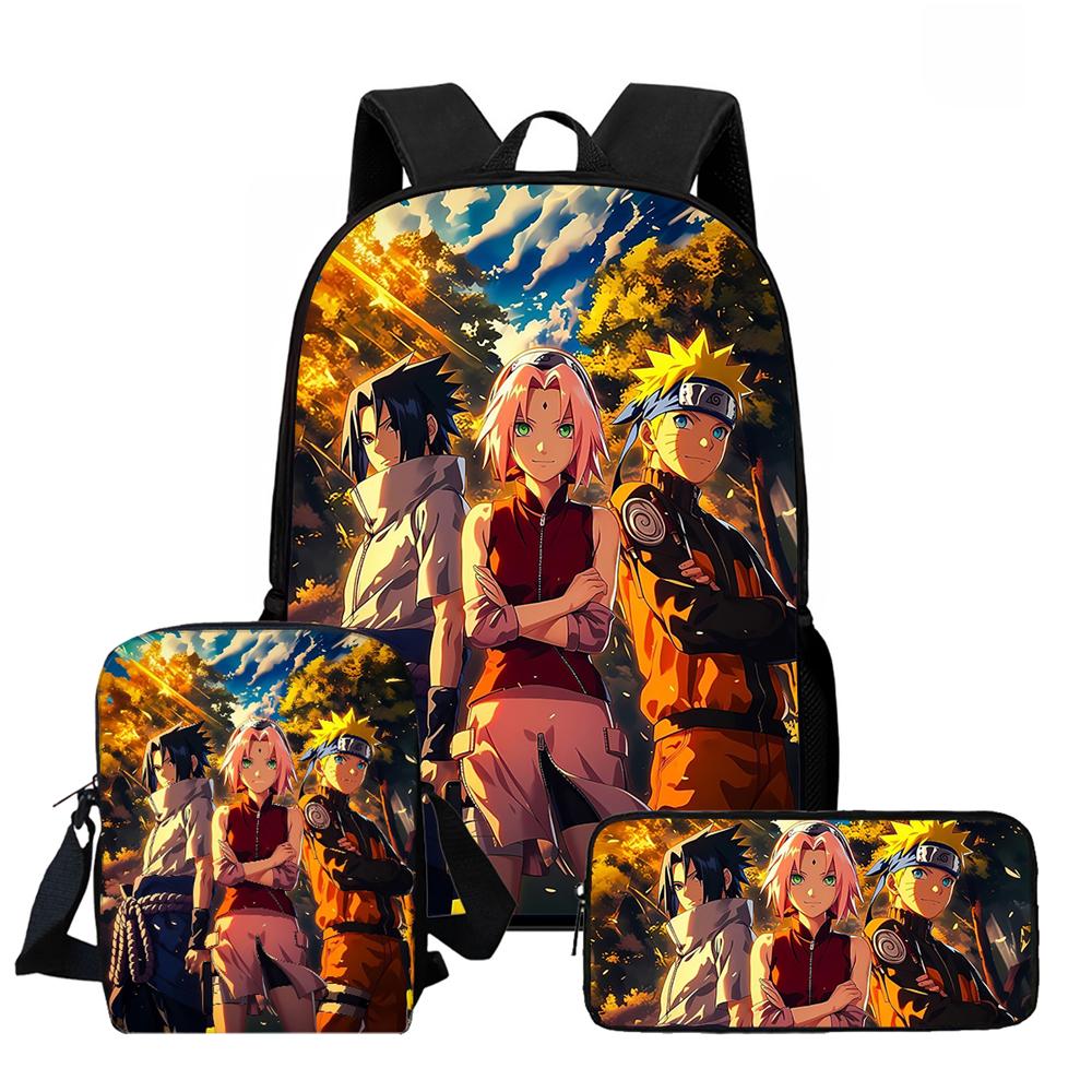 3Pcs Set Kids Backpack with Crossbody Bag & Pencil Bag, Cartoon NARUTO Lightweight School Bag for Boys & Girls Aged 5-9