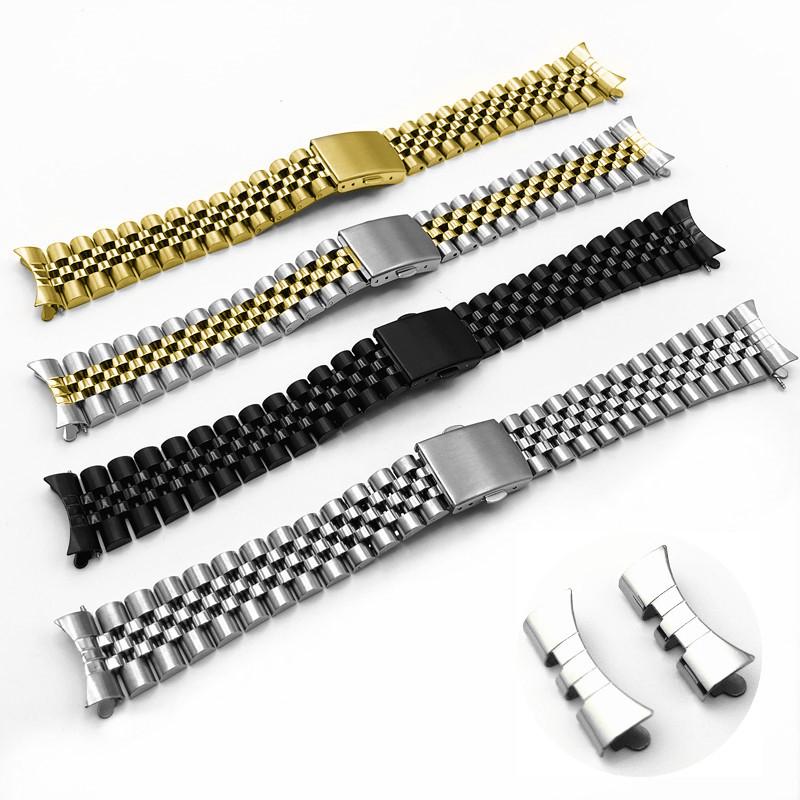 Universal Stainless Steel Bull Ring Watch Band with Curved Ends and Double Push Butterfly Clasp - 18/20/22mm