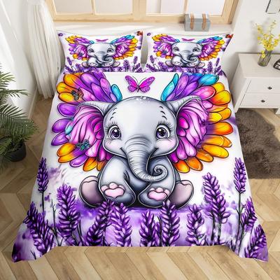 Cartoon Animal Duvet Cover Cute Elephant Bedding Set Microfiber Botanical Floral Quilt Cover Twin For Kids Girl Teen Kawaii Room