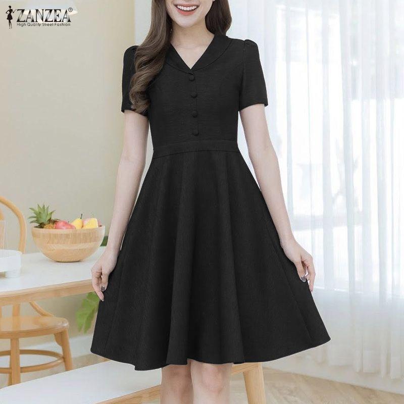 ZANZEA Women Elegant Lapel Collar Casual Short Sleeve Dress