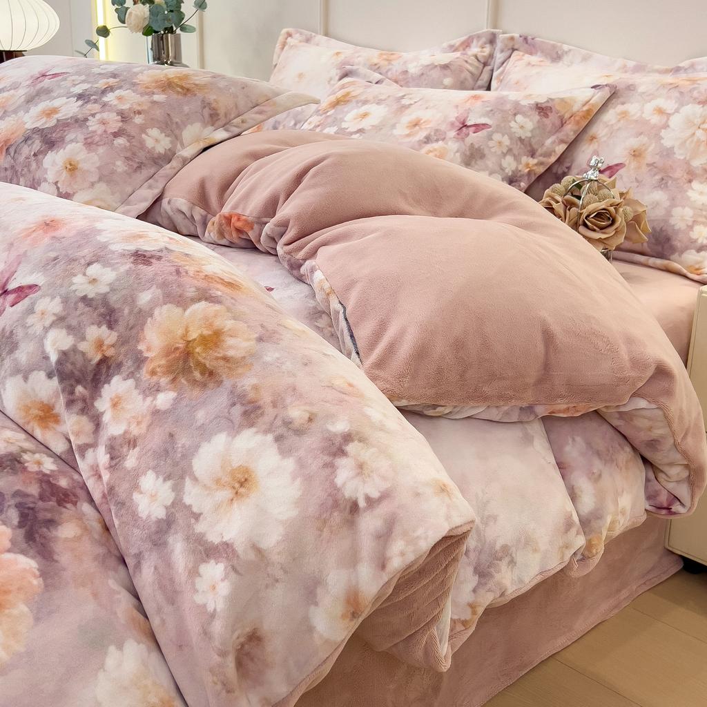 Thickened Milk Fleece Bed Four-Piece Set Double-Sided Fleece Quilt Cover Bed Sheet Coral Flannel Bedding