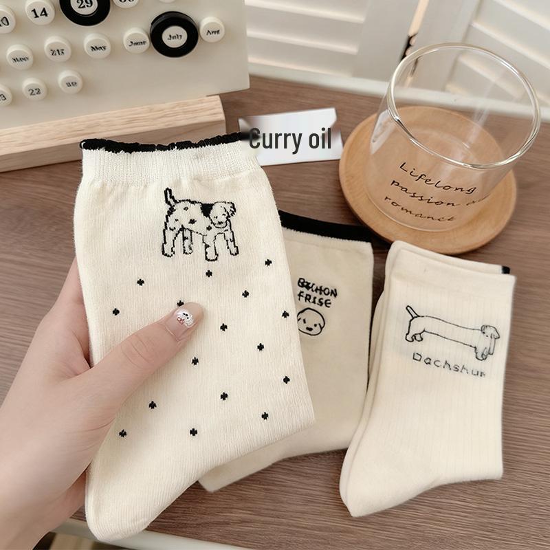 Women's Pure Cotton Cartoon Puppy Mid-Calf Socks - Soft, Cute, Embroidered Dog Design