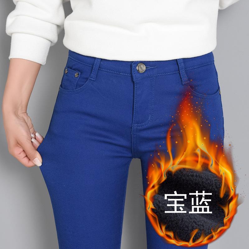 Pantalons épais en polaire de couleur, jeans d'hiver à jambe étroite, pantalons crayon chauds de couleur bonbon pour femmes, pantalons pour femmes