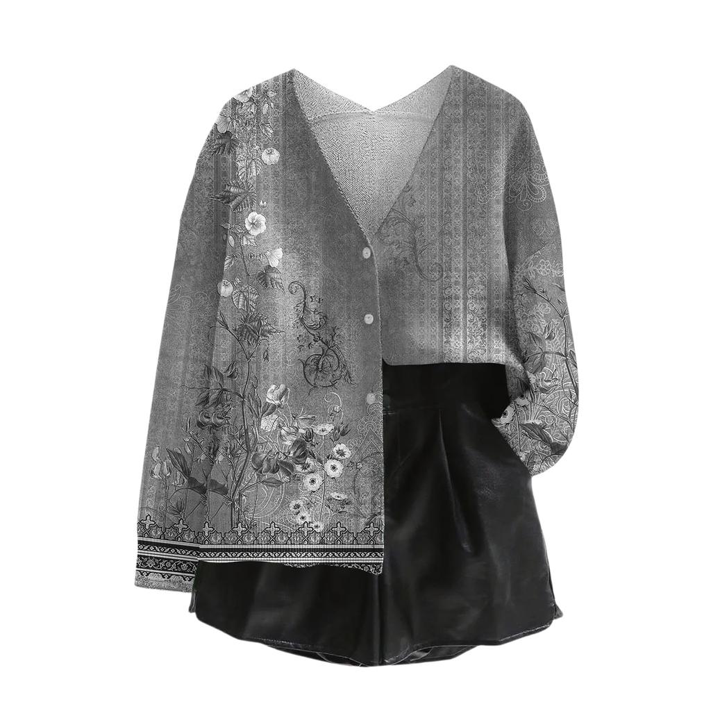 Women's V Neck Top Printing Thickened Plush Cashmere Warm Long Top