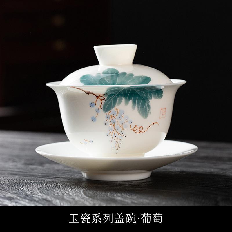 Hand-Painted White Porcelain Cover Bowl Teacup Single High-Grade Ceramic Sancai Tea Bowl With Cover Large Non-Hot Kung Fu Tea Set