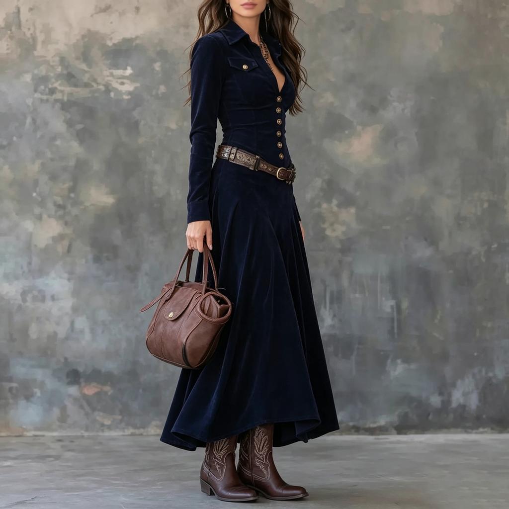Women's Vintage Velvet Long Dress with Notched Lapel and Single-Breasted Waist-Cinching Design
