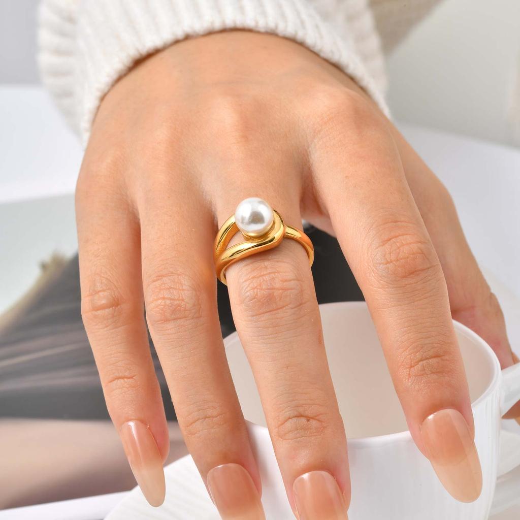 Size 7 Water Drop Imitation Pearl Ring for Women,Gold Plated Stainless Steel Wedding Finger Rings,Elegant Jewelry Gift