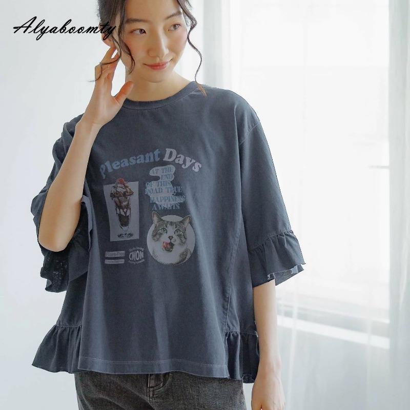 Koreansk Stil Pluss Størrelse Sommer Dame T-skjorte Kort O-hals Tegneserie Bokstavtrykk Oversized T-skjorte Flare Erme Baggy Casual Løs Bomullstopp