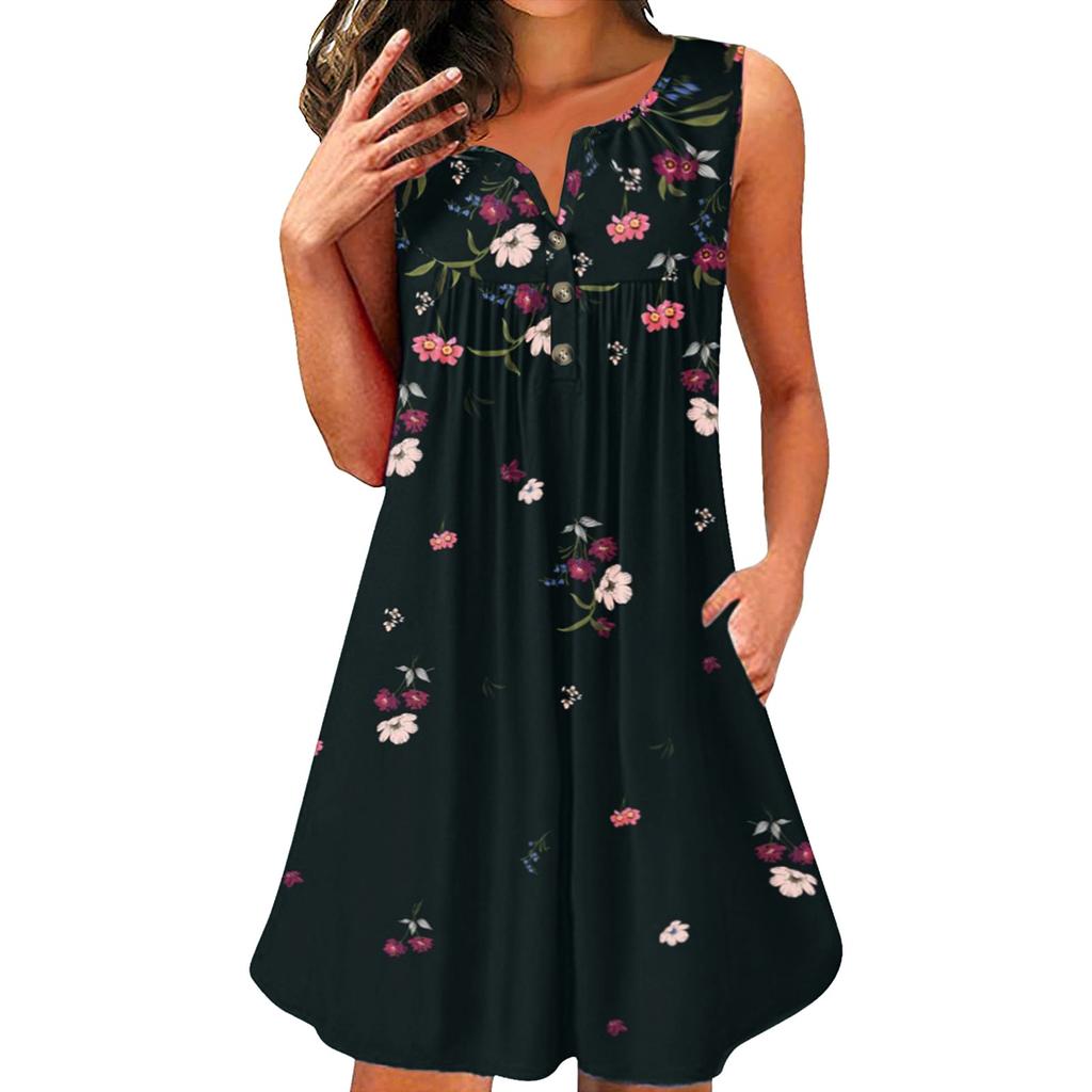 Fashion Women V-neck Printing Sleeveless Tunic Dresses Plus Size T-shirt Dress