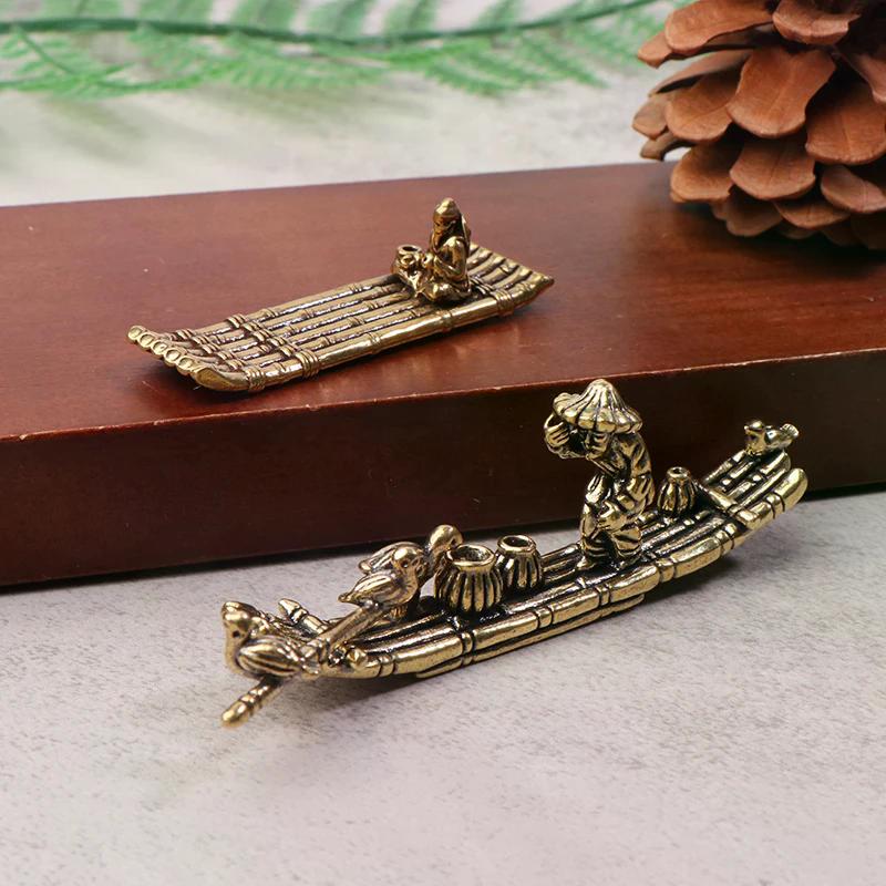1pc Desktop Incense Holder Sculpture Brass Ornament Antique Bamboo Raft Fishing Boat Fisherman Art Modeling Decoration
