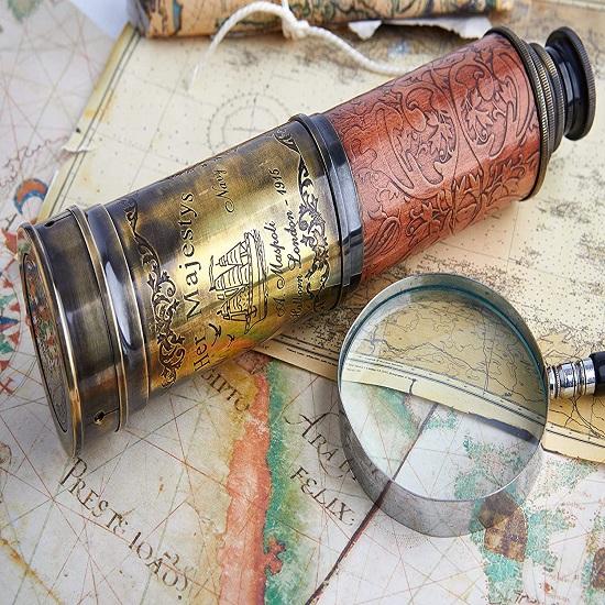 Телескоп ручной работы | Половина резьбы по коже | 20 дюймов | Функциональная винтажная копия латунного морского антикварного телескопа-подзорной трубы