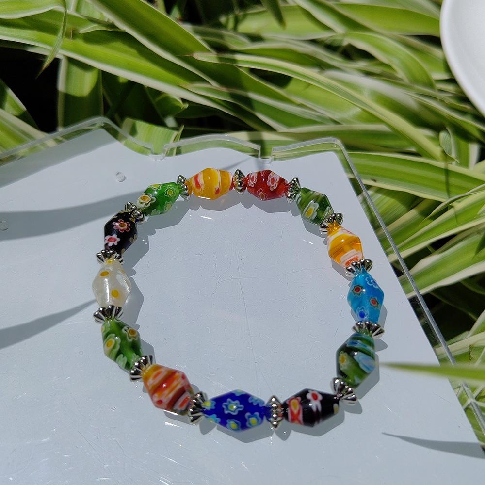 Stylish Rice-Shaped Millefiori Glass Beaded Elastic Bracelet, Handmade DIY.
