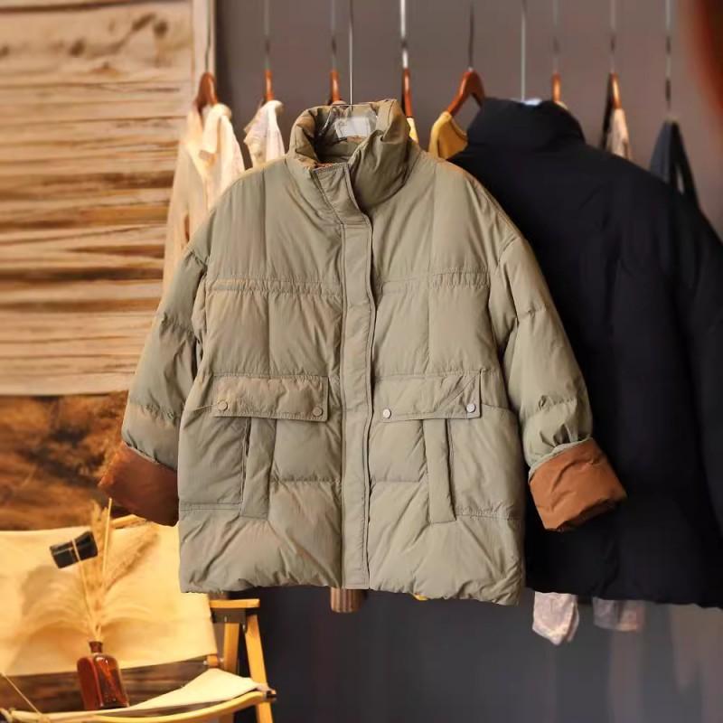 Womens Mid-Length Down Coat With Contrast Color Panel Stand Collar Loose Fit White Duck Fill Winter 2025