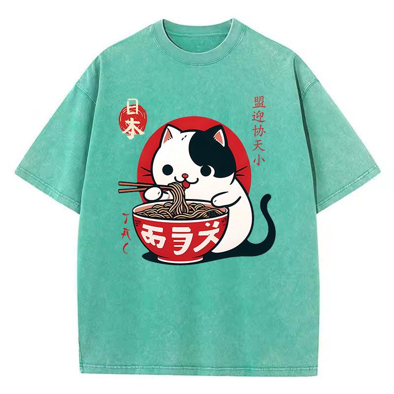 Harajuku Washed T Shirt Cotton T-Shirt Japanese Cat Eat Ramen Funny Graphic Tee Casual Streetwear Spring Summer