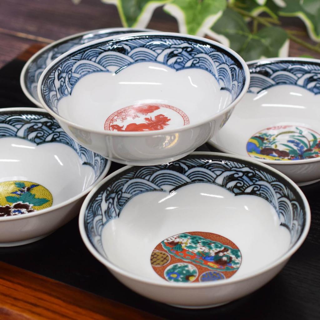 Waza no Kura Stylish Tableware, Kutani Ware Small Bowls, Set of 5, with Historical Paintings, High-Quality Ceramic Design, Japanese Tableware, Traditi