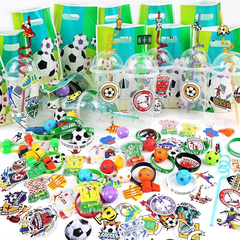166 Pcs Soccer Party Favors for 12 People Party Supplies with Cup Straw Stress Ball Keychain Sticker Silicone Wristbands Whistle Goodie Bags for Kids