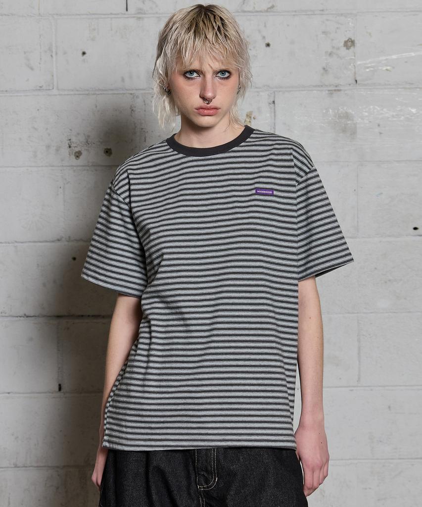 HOODHOOD Logo Stripe Short Sleeve T-Shirt Gray